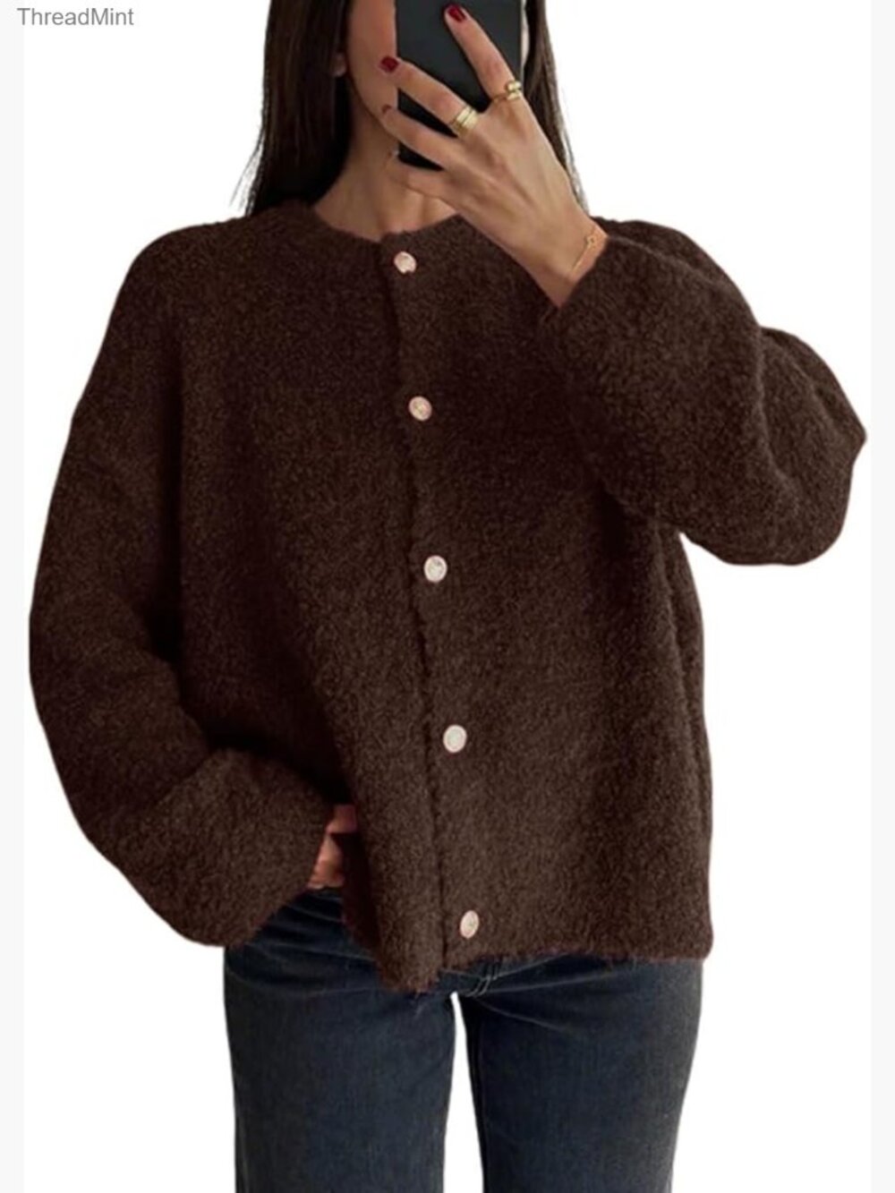Fuzzy Knit Open Front Cardigan Sweater Long Sleeve Crewneck Loose Fit Button